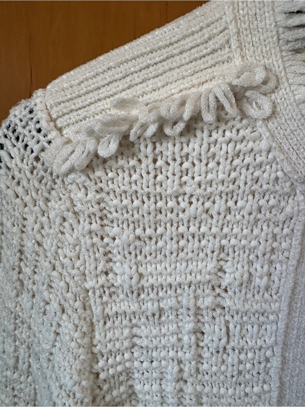 INTERMIX Cream Ivory Fringe Tweed Knit Jacket Collarless Open Front Small Size 2 - Picture 8 of 16